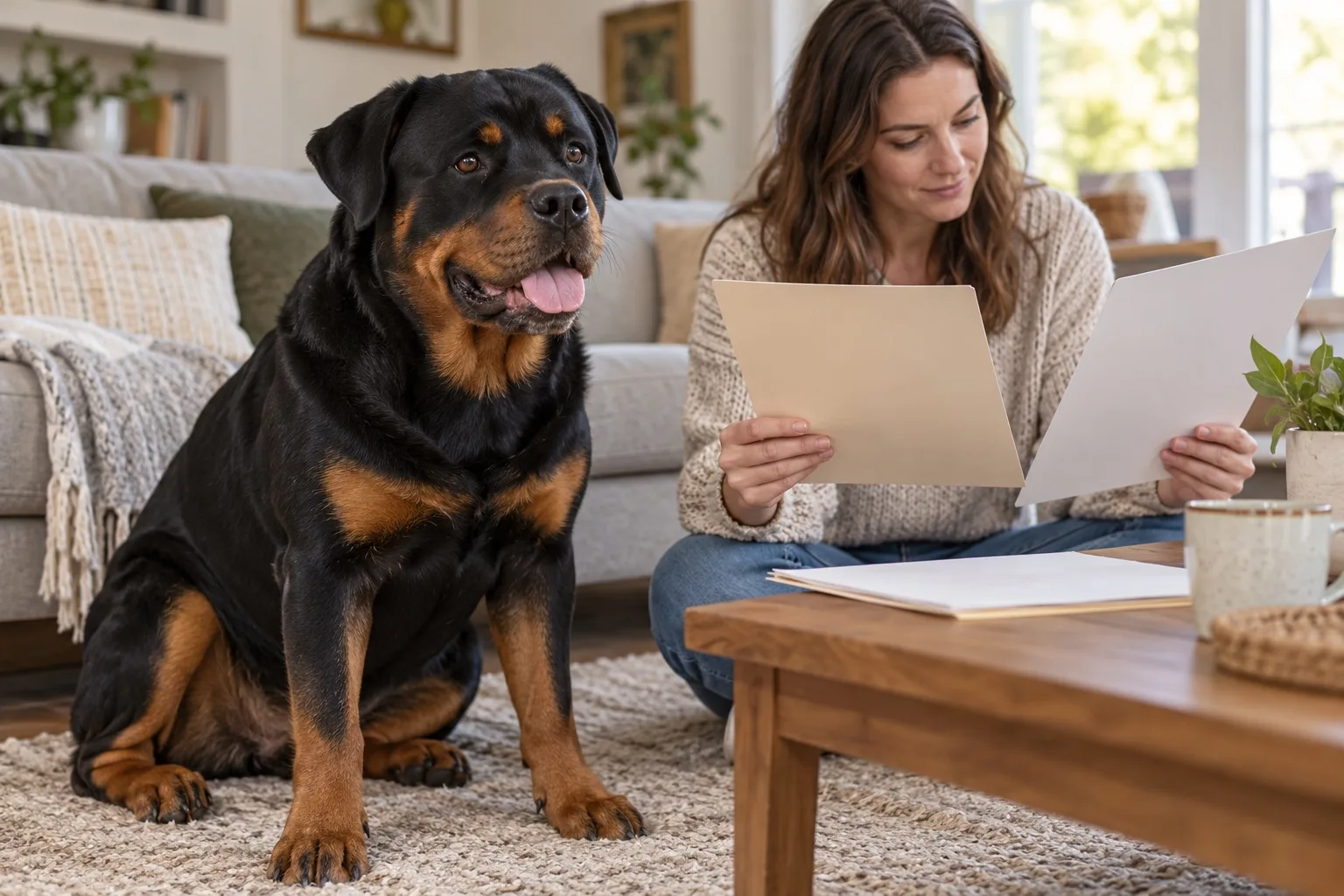 Owner reading paperwork beside a black-and-tan dog